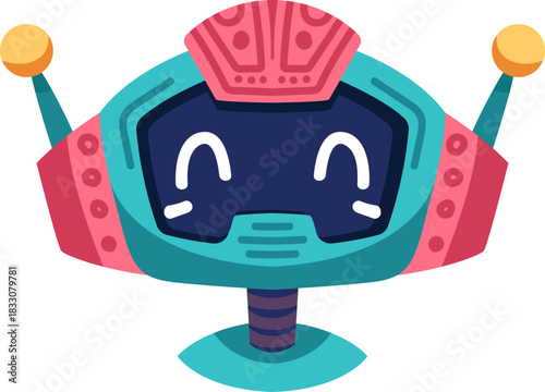 Cute robot icon with friendly face and antenna. Perfect AI chatbot avatar for digital assistant apps, tech support interfaces, and virtual communication platforms.
