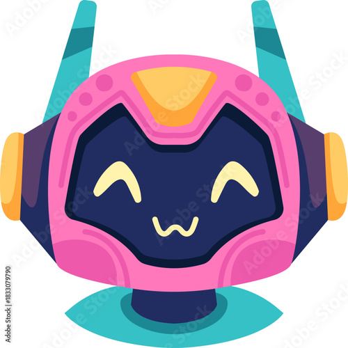Cute robot icon with friendly face and antenna. Perfect AI chatbot avatar for digital assistant apps, tech support interfaces, and virtual communication platforms.
