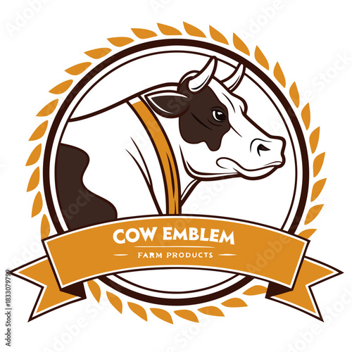 Stylized cow emblem for farm products and dairy branding