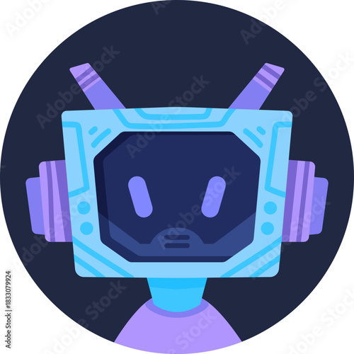 Cute robot icon with friendly face and antenna. Perfect AI chatbot avatar for digital assistant apps, tech support interfaces, and virtual communication platforms.
