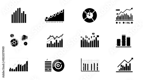 Collection of modern black vector icons for business data visualization, financial analytics, statistics, charts, and graphs.