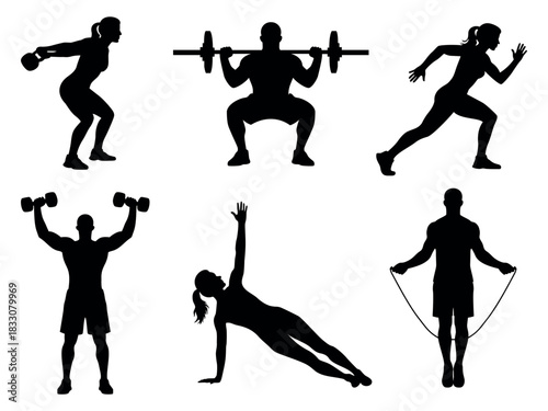 Fitness workout exercise poses silhouettes, gym training figures