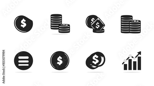 Financial Icons Set: Black & White Money, Dollar Coins, Currency Stacks, Business Growth Graph, & Menu for UI/UX Design