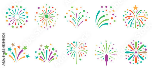 Colorful fireworks explosions and festive celebration icons