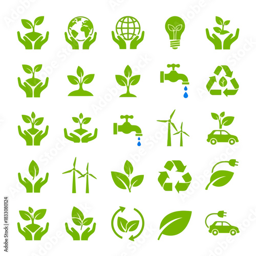 Collection of green eco friendly icons representing sustainability conservation renewable energy and environmental protection concepts