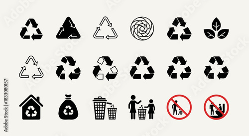 Collection of various recycling and waste management icons including different recycle symbols trash bins and prohibition signs
