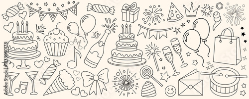 Hand drawn birthday celebration elements, party doodle set collection