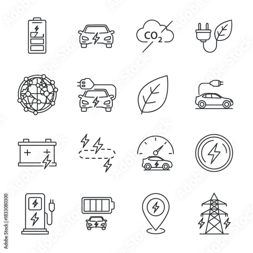 Collection of electric vehicle and renewable energy icons representing sustainability and eco friendly transportation solutions