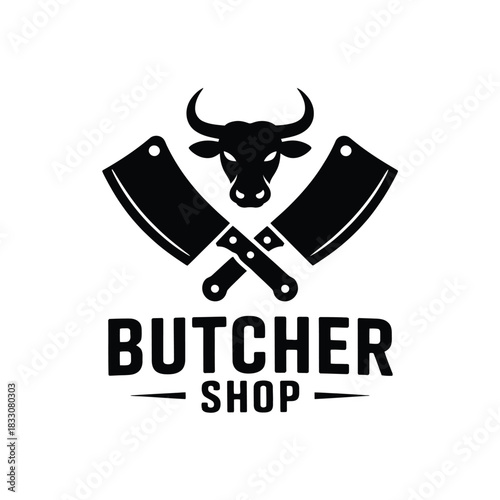A stylized butcher shop logo features a bull's head and crossed cleavers.