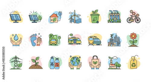 Collection of flat design icons representing eco friendly concepts like solar energy wind power electric vehicles and sustainable living