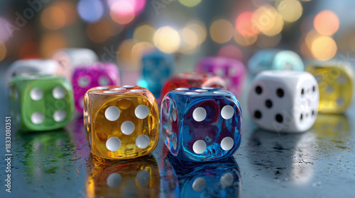 Colorful Dice Displayed on a Surface with Bokeh Background