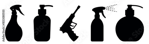 Household spray and pump bottle silhouettes, cleaning product icons