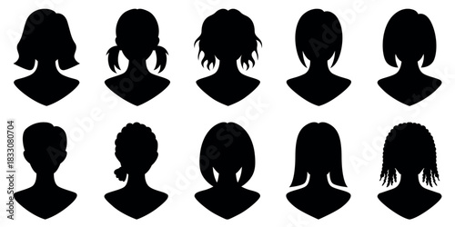 Diverse female haircut and hairstyle silhouettes, women avatar collection