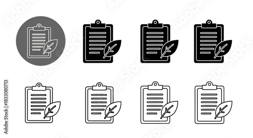 Set of diverse clipboard icons with a leaf symbol representing eco friendly or sustainable concepts in various styles