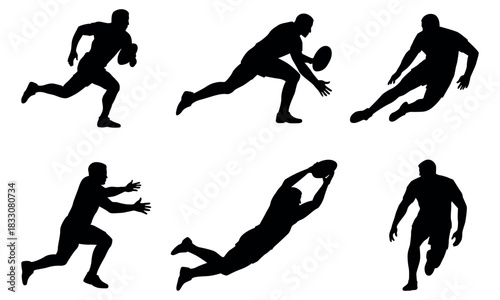 Dynamic rugby players silhouettes, american football action figures