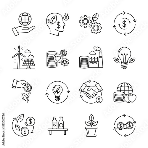 Collection of line art icons representing sustainable business practices environmental protection and economic growth with a focus on green initiatives