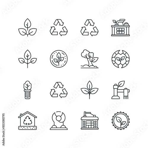 Collection of eco friendly icons representing sustainability recycling nature and green energy solutions