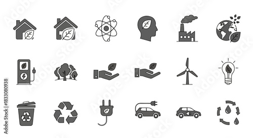 Collection of eco friendly and sustainability icons representing green energy environmental protection and recycling concepts