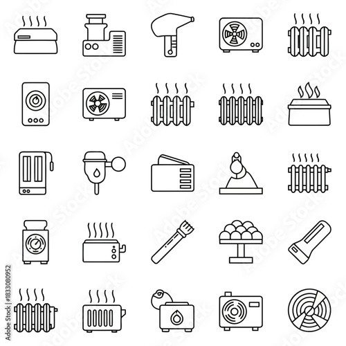 Collection of line art icons representing various heating and cooling devices and appliances for home and personal use