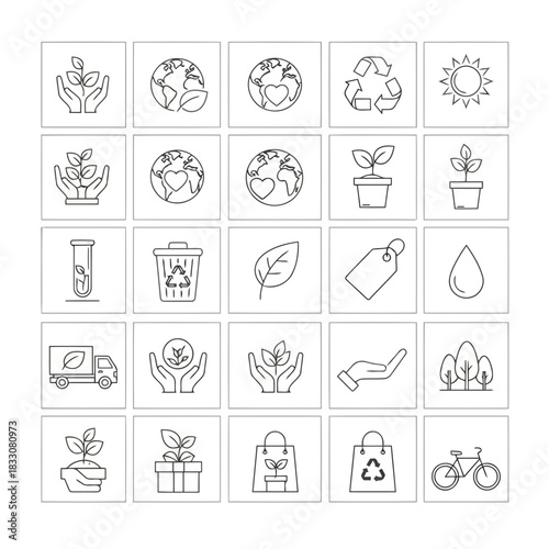 Collection of thin line icons representing environmental protection sustainability and eco friendly concepts for design