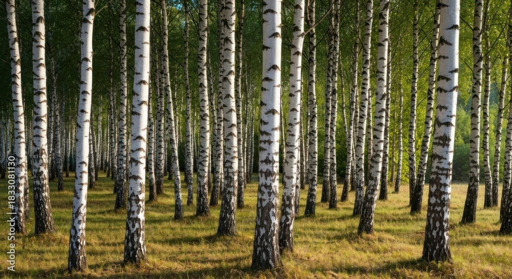 Fototapeta premium Sunlight filters through a dense birch forest