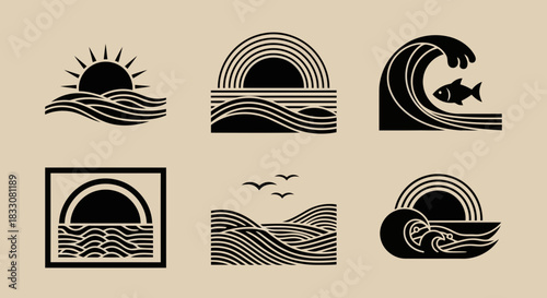 Collection of stylized black and white ocean wave and sun icons with abstract designs and natural elements