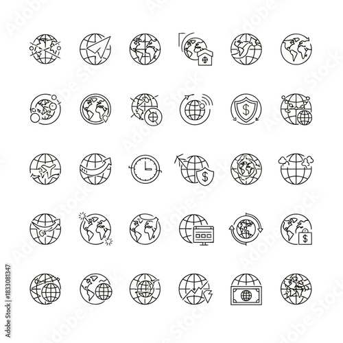 Collection of diverse global business and technology icons representing travel finance security and communication around the world