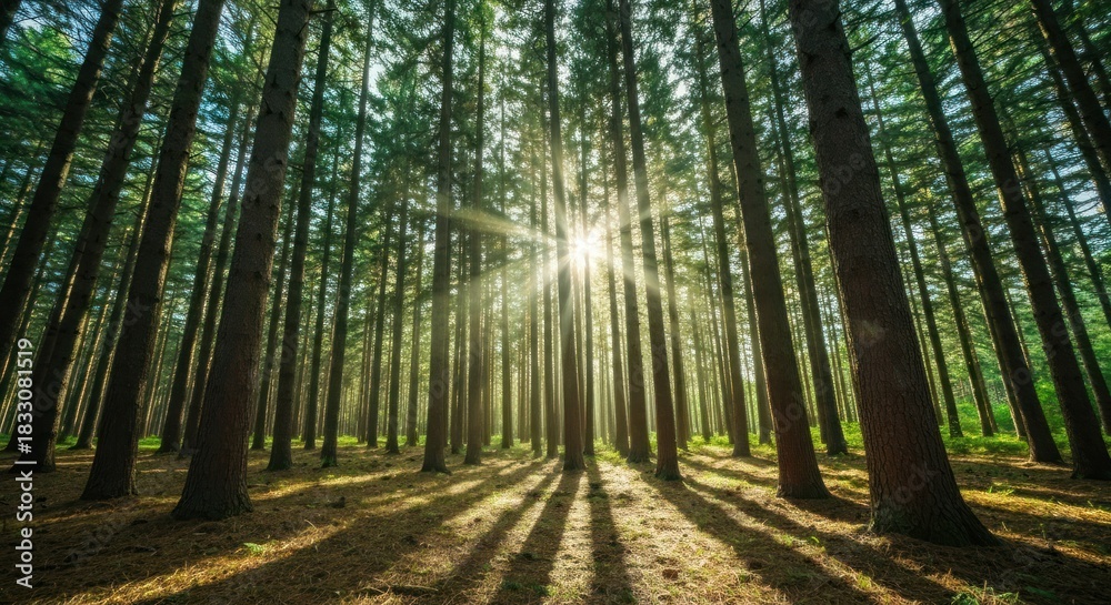 Obraz premium Sunlight streams through tall pine trees in a dense forest