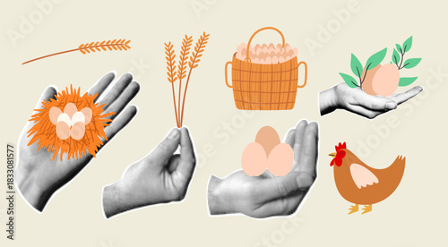Farm organic collage design. Halftone graphic hands holding vector elements eggs abd wheat stalks. Contemporary illustrations with full basket of eggs and cheerful hen. Sustainable farming concept.