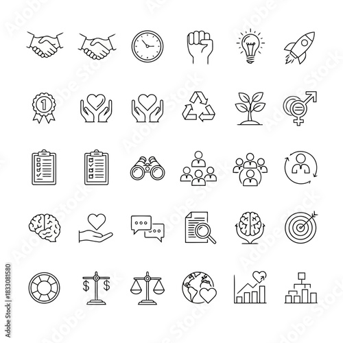 A collection of business and finance icons representing success teamwork innovation growth and social responsibility concepts