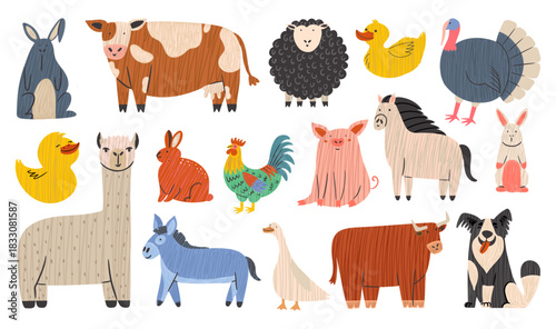 Hand drawn vector farm animals set. Cute livestock - cow and sheep, ducks, turkey, pig and horse. Domestic characters.  Graphic cartoon elements for children and kids