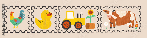 Farm animal and agriculture postage stamp with tractor and sunflower. Livestock - rooster, and happy duck, friendly cow.  Hand-drawn cards collectiton.