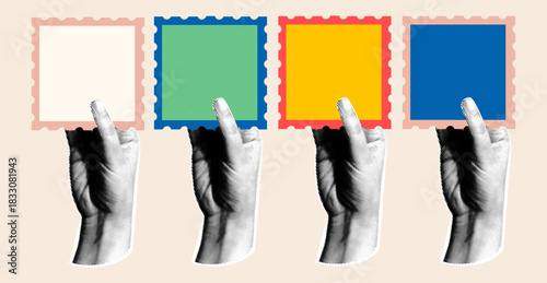 Retro collage design with halftone hand and stamp.