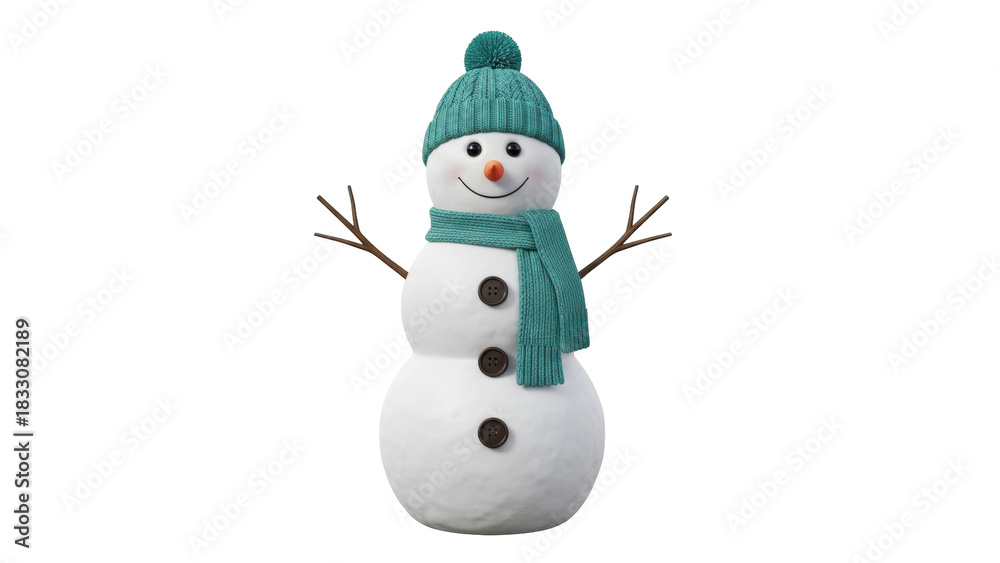 Fototapeta premium Isolated snowman wearing a green scarf and hat with pompom stands, ready for the winter holiday