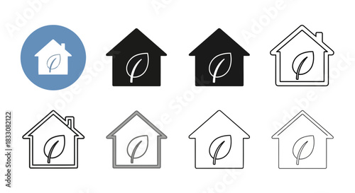 Collection of house icons with a leaf symbol representing eco friendly living and sustainability in various styles