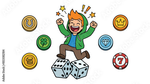 Cartoon Boy Celebrating Game Victory on Dice