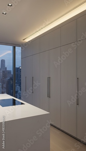 Modern White Kitchen Island With Built-in Induction Hob And Tall Wardrobe Cabinetry With City View At Dusk