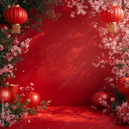 Bright Red Lanterns Create a Festive Atmosphere for Celebrations or Events in...