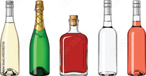 Five assorted bottles of alcoholic beverages including champagne wine and spirits