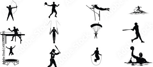 Silhouetted athletes performing various sports activities illustration