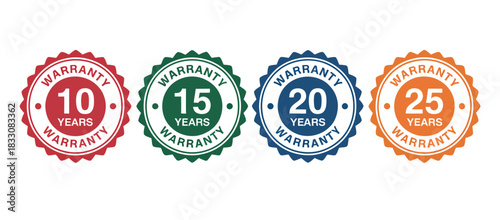 Collection of four warranty seals displaying 10, 15, 20, and 25 years of coverage against a white background.
