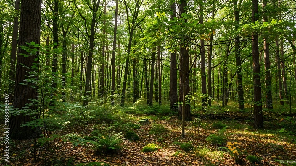 Obraz premium Lush green forest with dappled sunlight on the floor