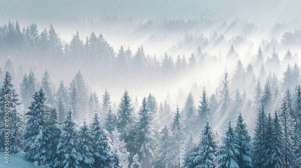 Obraz premium Winter snow scene with pine forest background, fog and sunlight, idyllic winter landscape banner design for festive christmas concept and seasonal decorative use.