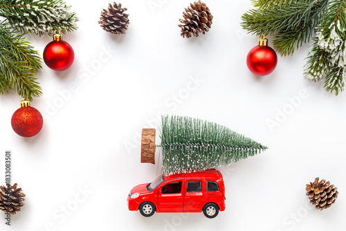 Wallpaper Mural Festive New Year decoration and red toy car with Christmas tree on the roof Torontodigital.ca