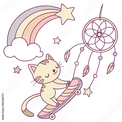 Charming SVG of a Loving American Shorthair featuring riding a skateboard, styled in a Fantasy dream theme with Dreamland hues