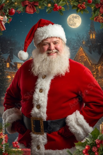 Cheerful Santa Claus Standing in a Snowy Winter Landscape With Christmas Tree...
