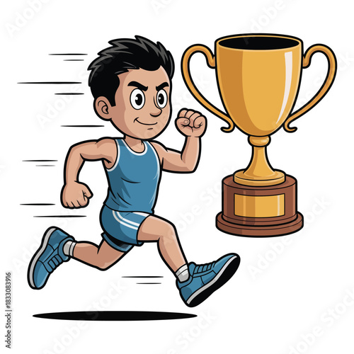 A determined runner sprints towards a golden trophy, aiming for victory.