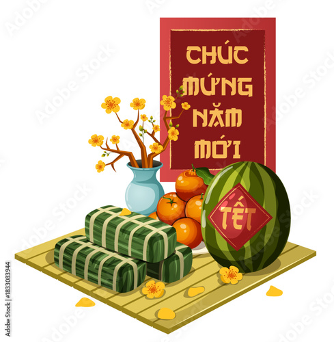 Vietnamese Tet Celebration with Banh Chung Cylindrical Sticky Rice Cakes, Watermelon, Tangerines and Hoa Mai Ochna Flower Pot on Bamboo Mat. Lunar New Year Illustration