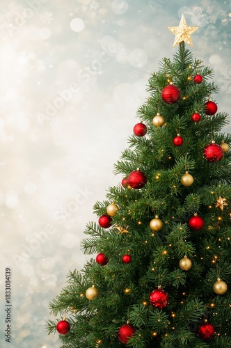 Beautifully Decorated Christmas Tree With Red and Gold Ornaments Shining Brig...
