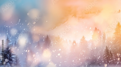 Winter snow scene with pine forest background, fog and sunlight, idyllic winter landscape banner design for festive christmas concept and seasonal decorative use.